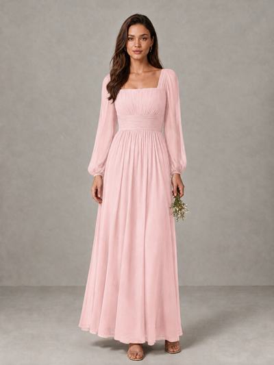 BOLODOO Blush Pink Square Neck Long Sleeve Chiffon Bridesmaid Dress - Blush Pink - Blush Pink_1