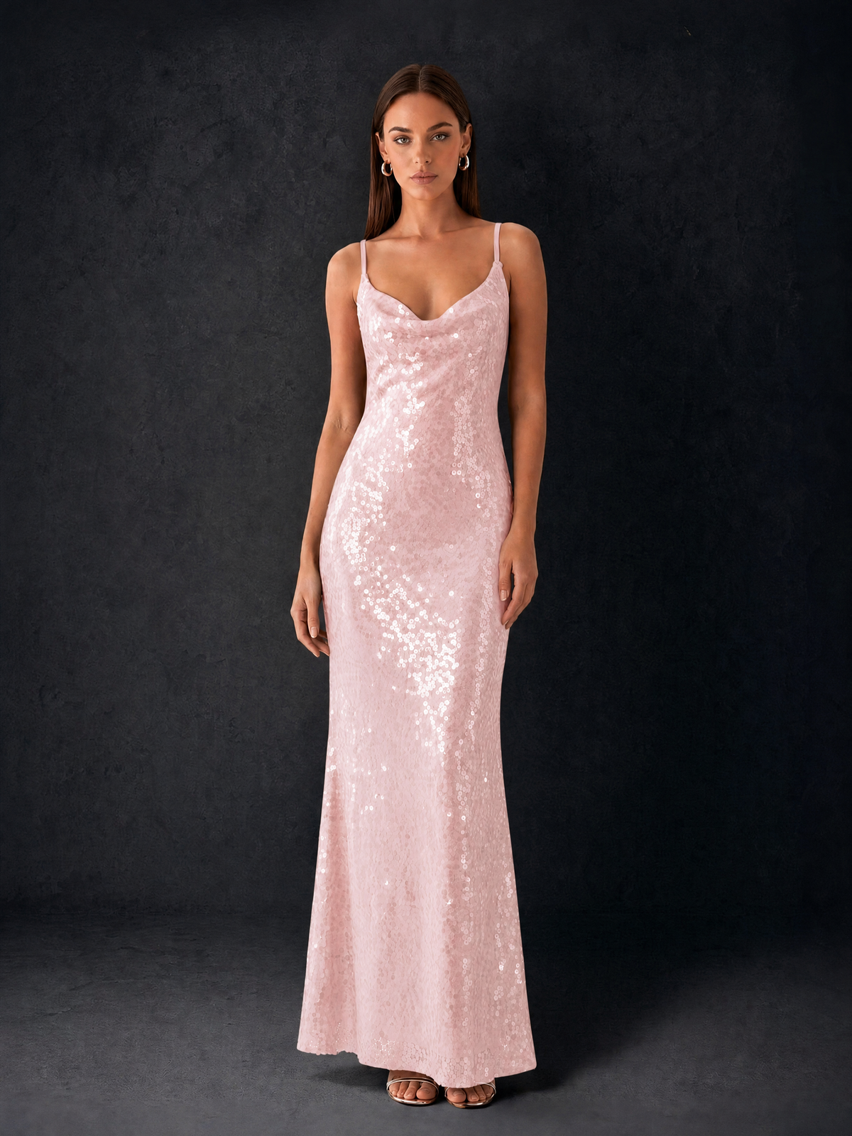 BOLODOO Bronze Sequin Cowl Neck Spaghetti Strap Mermaid Maxi Dress with Open Criss-Cross Back - Blush Pink - Blush Pink