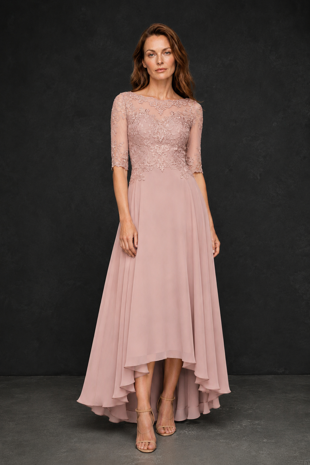 BOLODOO Blush Pink Illusion Lace 3/4 Sleeve Hi-Lo Chiffon A-Line Dress | Mother of the Bride Tea Length Dress - Blush Pink