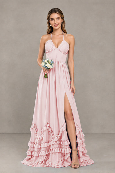 BOLODOO Blush Pink Halter Ruffle Hem A-Line Bridesmaid Dress with High Slit - Blush Pink - Blush Pink(1)