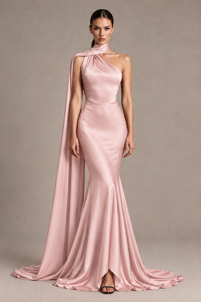 BOLODOO Blush Pink One-Shoulder Satin Mermaid Evening Dress with Scarf - Blush Pink - Blush Pink_1