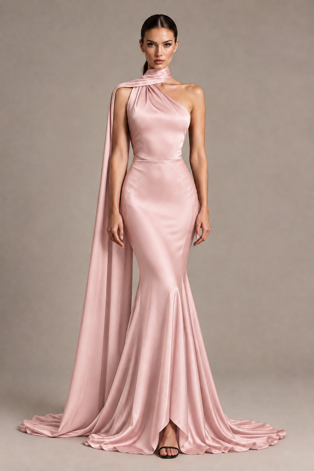 BOLODOO Blush Pink One-Shoulder Satin Mermaid Evening Dress with Scarf - Blush Pink - Blush Pink_1