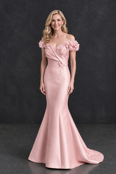 BOLODOO Blush Pink Off-Shoulder Floral Mermaid Mother of the Bride Dress - Blush Pink - Blush Pink_1