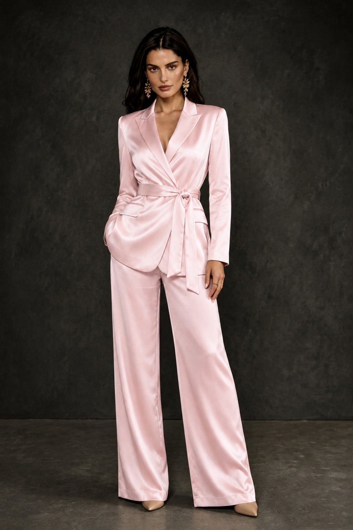 BOLODOO Blush Pink Satin Wrap Blazer Wide-Leg Pants Two-Piece Suit Set – Evening Gala Wedding Guest - Blush Pink