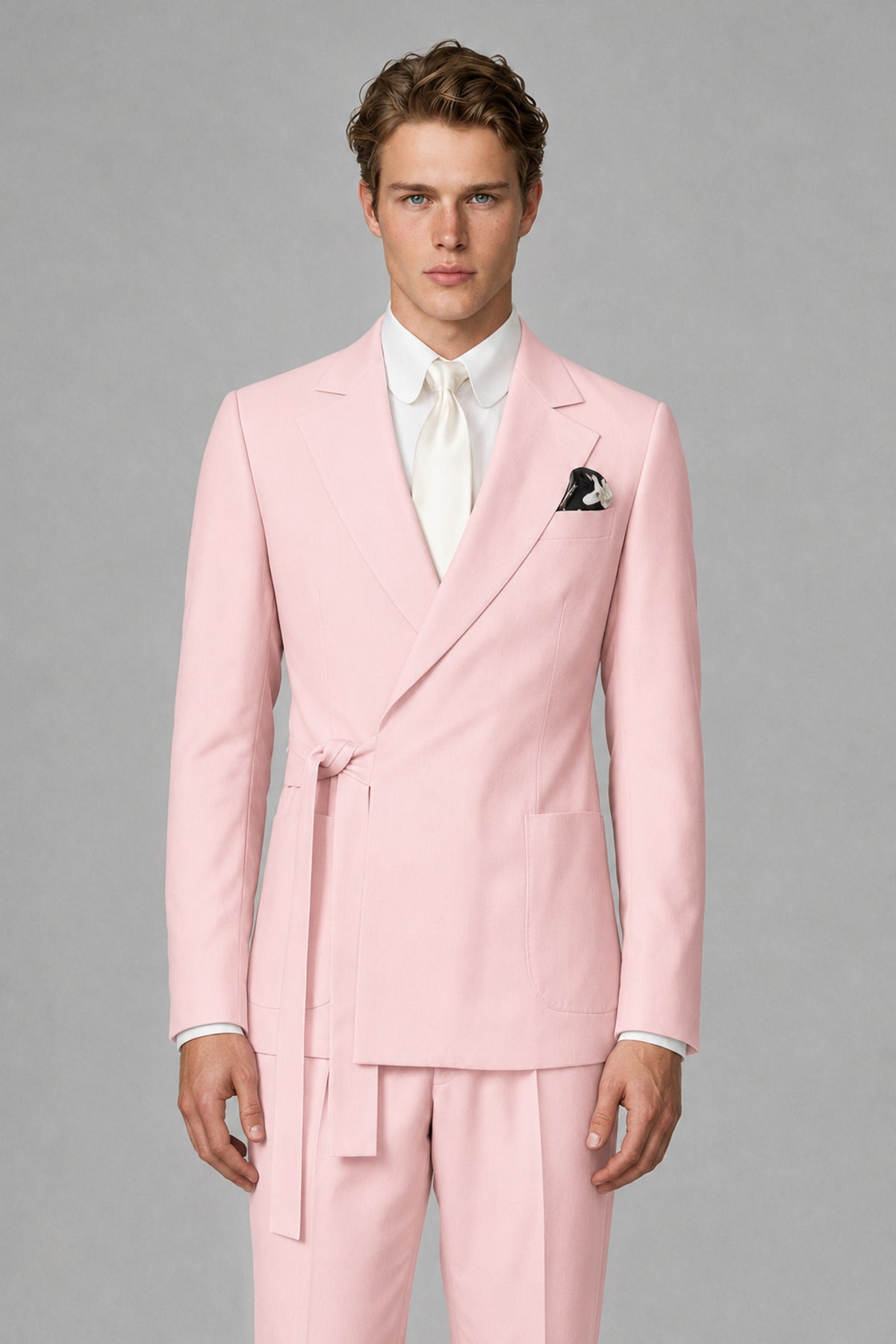 Bolodoo Men's Blush Pink Wrap Tie-Waist Two-Piece Suit – Jacket & Trousers - Blush Pink - Blush Pink_1