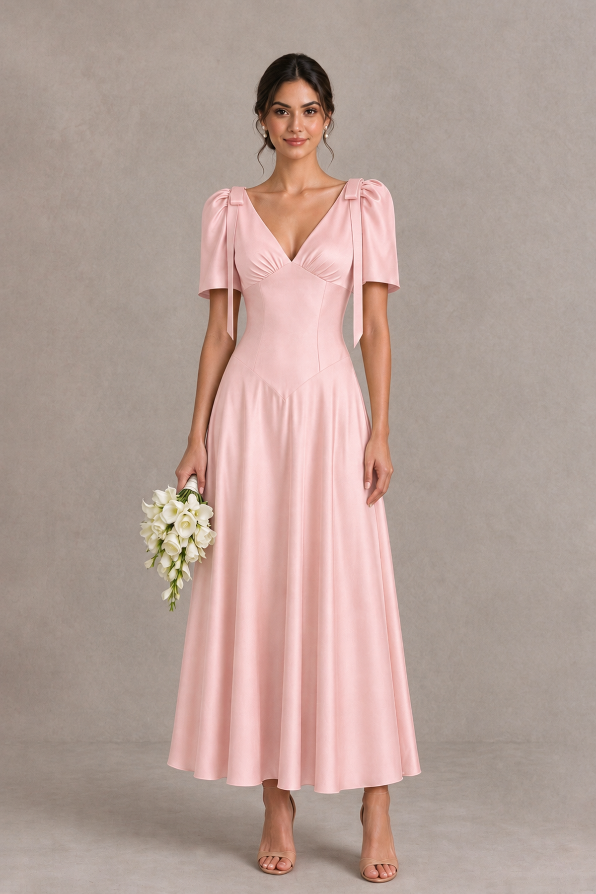 BOLODOO Blush Pink V-Neck Short Sleeve Satin-Look Bridesmaid Dress with Shoulder Bows - Blush Pink - Blush Pink_1