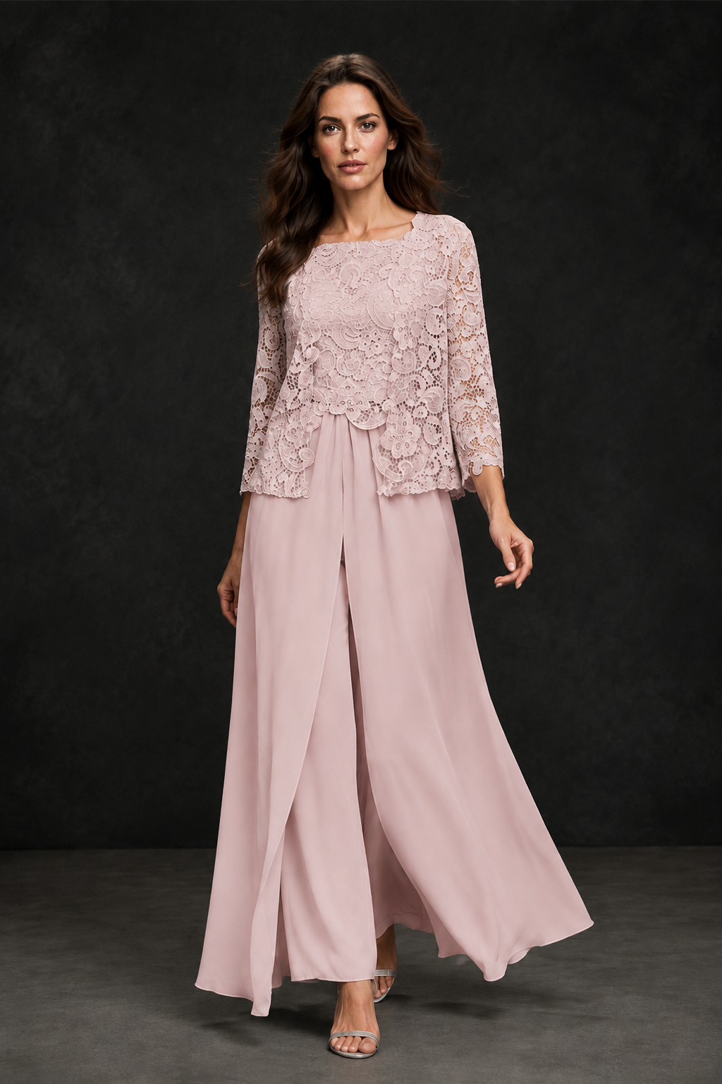BOLODOO Blush Pink Grey Lace Peplum Top & Wide-Leg Chiffon Pants Set | Mother of the Bride & Formal Evening Outfit - Blush Pink