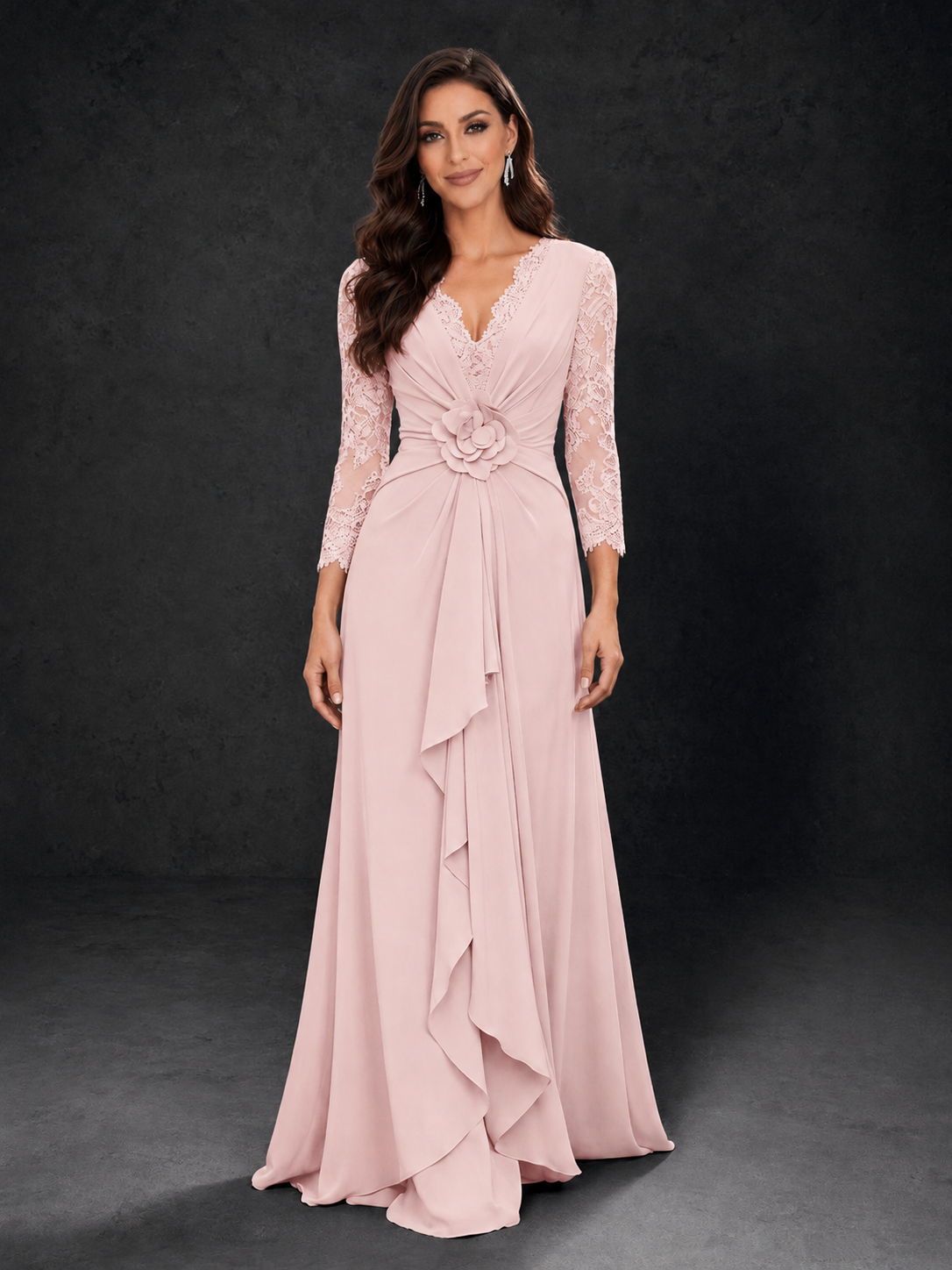 BOLODOO Blush Pink Lace Sleeve V-Neck Floral Waist Chiffon A-Line Maxi Dress - Blush Pink