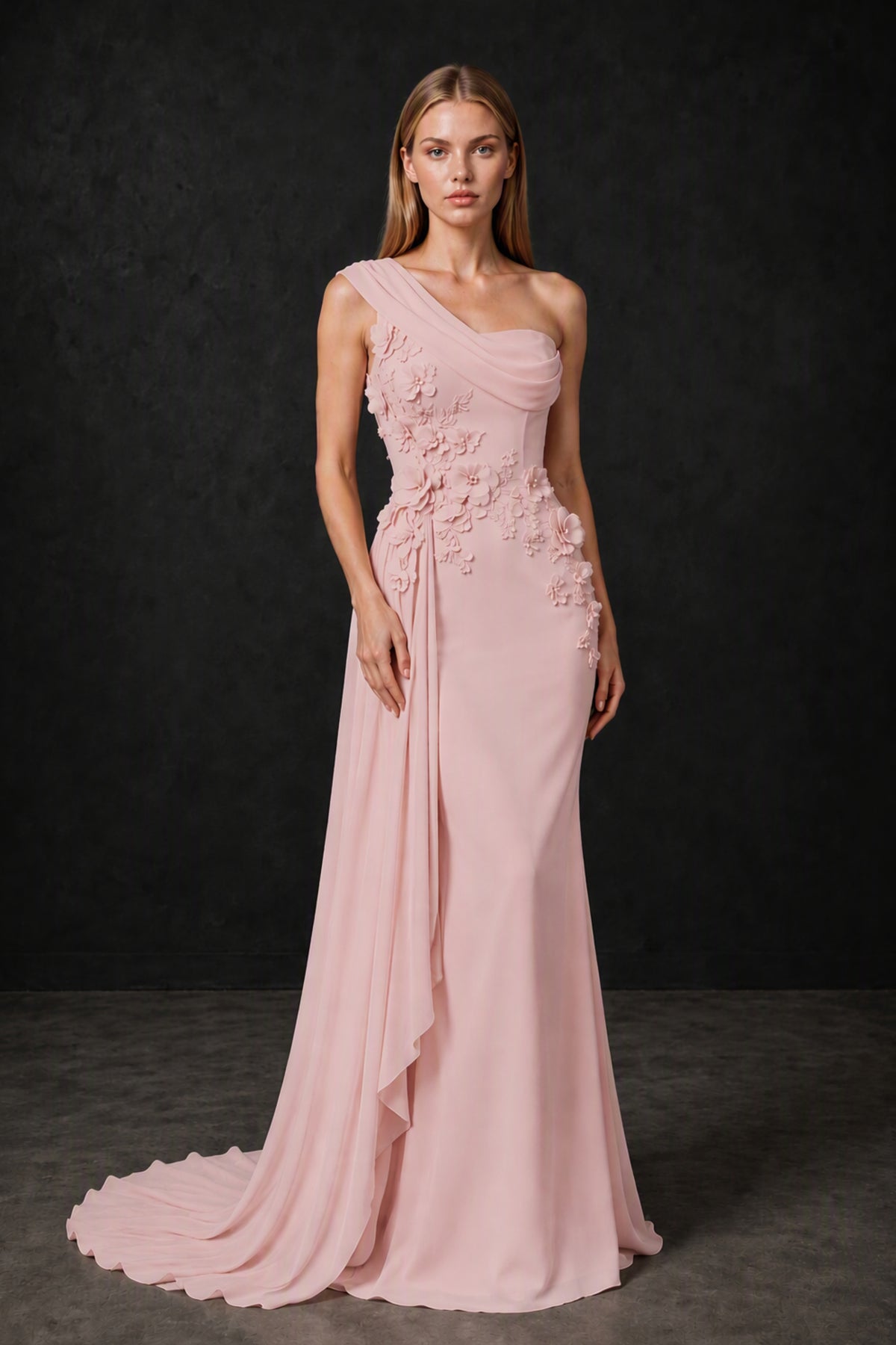 BOLODOO Blush Pink One-Shoulder 3D Floral Appliqué Chiffon Gown with Open Back - Blush Pink