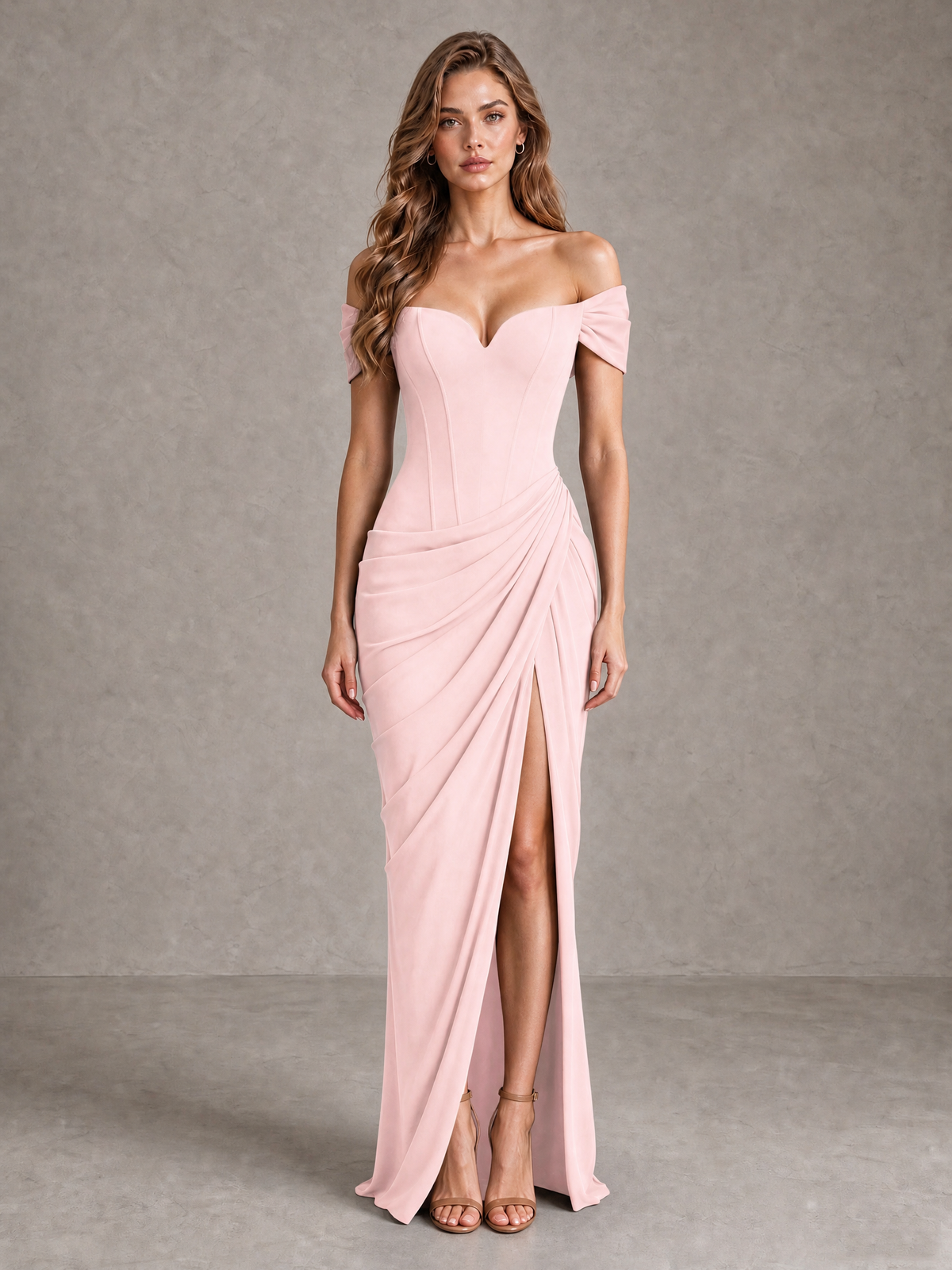 BOLODOO Blush Pink Off-Shoulder Ruched Corset Wedding Guest Dress with Slit - Blush Pink - Blush_Pink_1