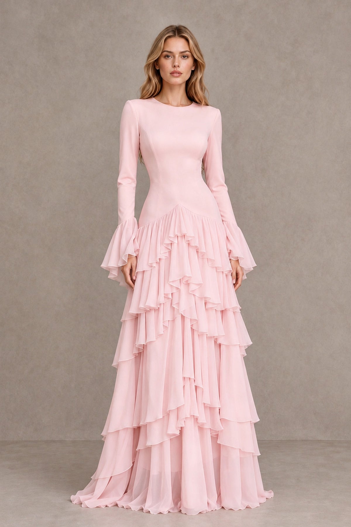 Blush Pink Long Sleeve Tiered Ruffle Evening Gown - Blush Pink - Blush Pink_1