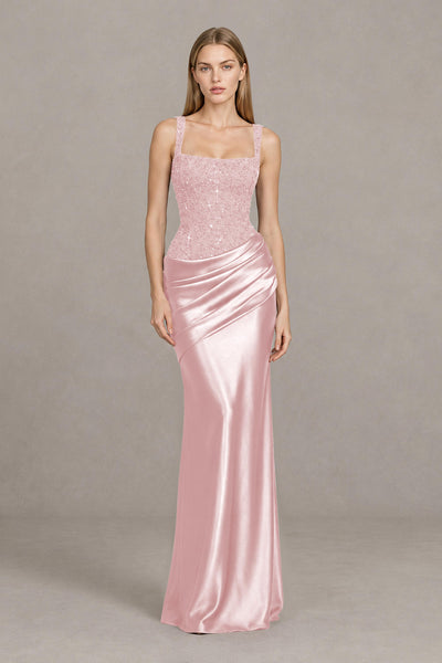 BOLODOO Blush Pink Square Neck Embellished Satin Evening Gown - Blush Pink