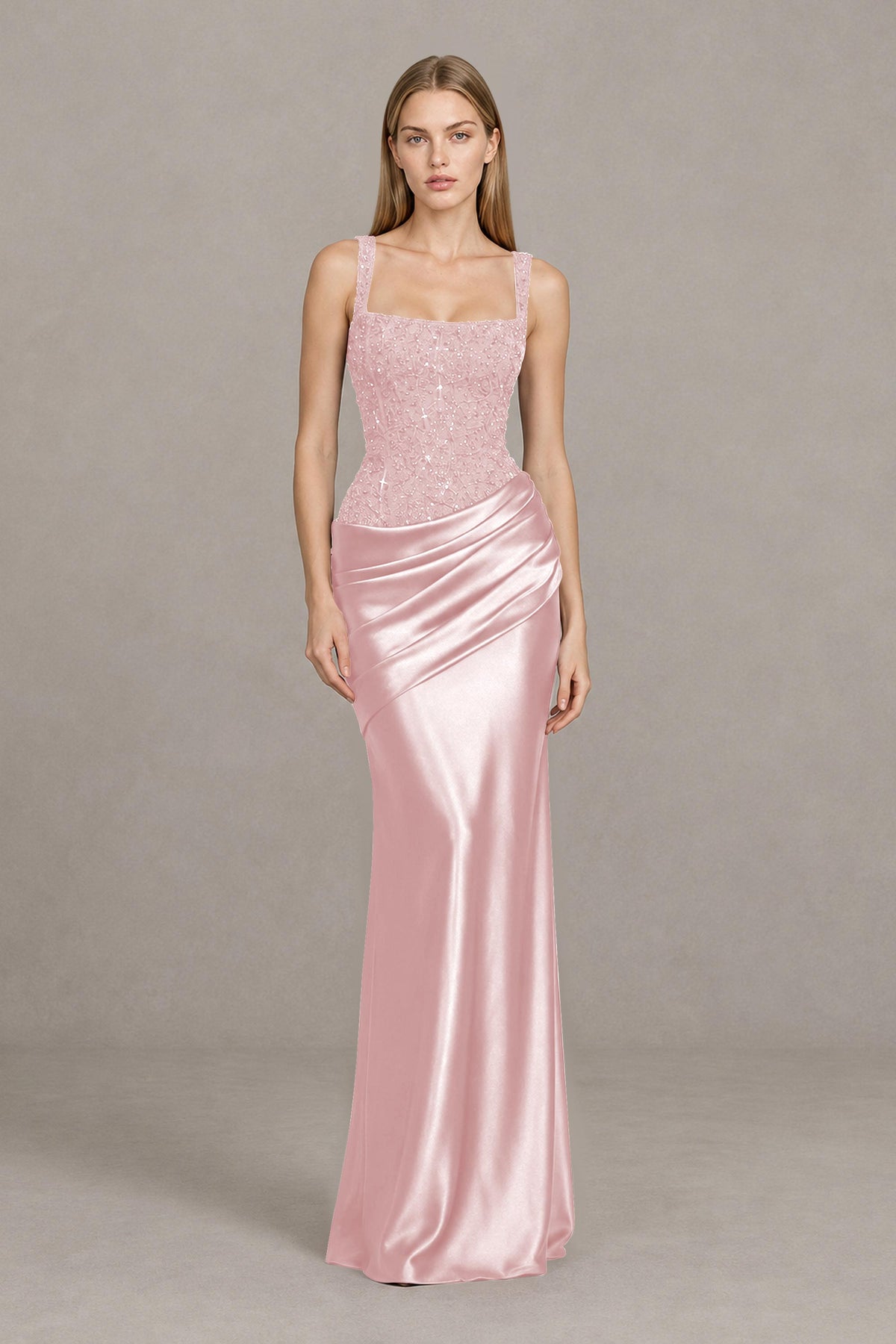 BOLODOO Blush Pink Square Neck Embellished Satin Evening Gown - Blush Pink