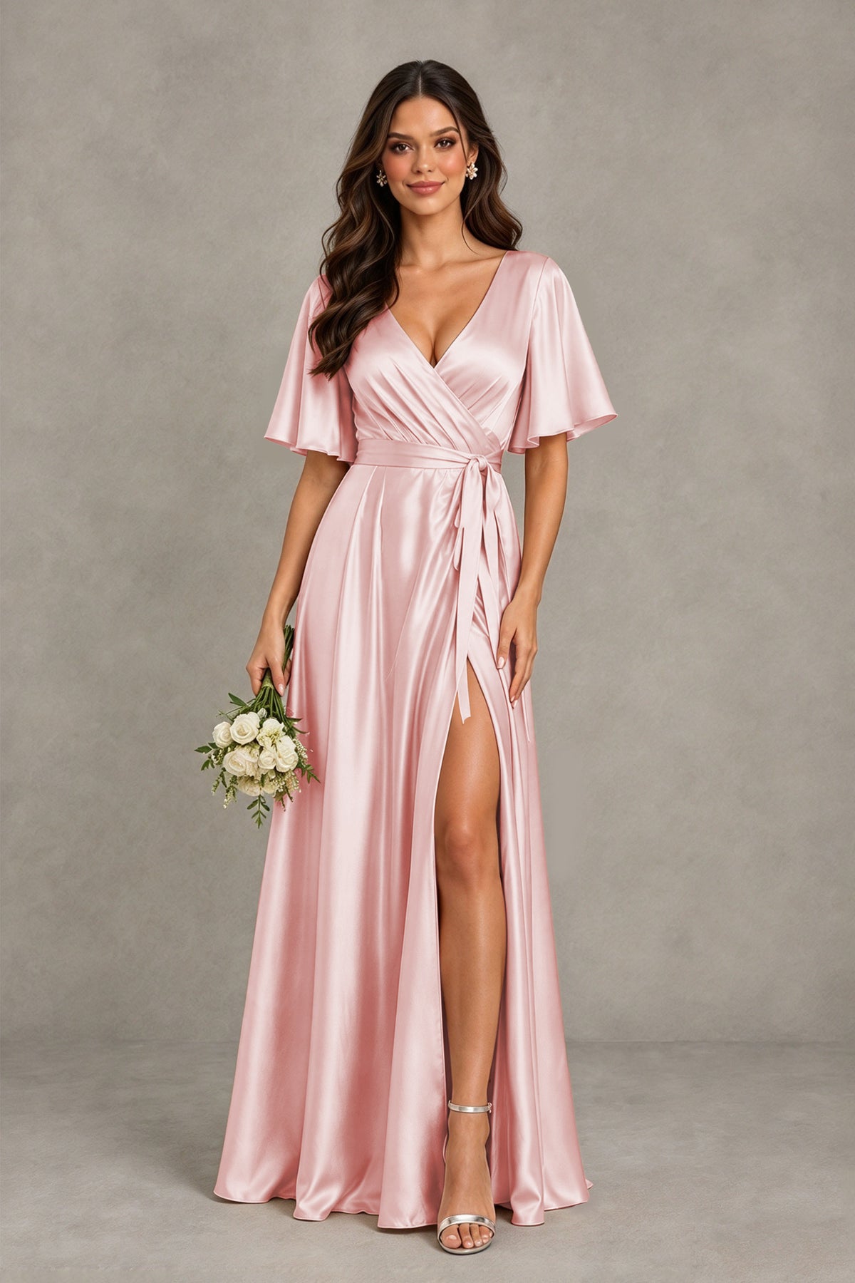 BOLODOO Blush Pink Satin V-Neck Flutter Sleeve Bridesmaid Dress with Slit - Blush Pink - Blush Pink(1)