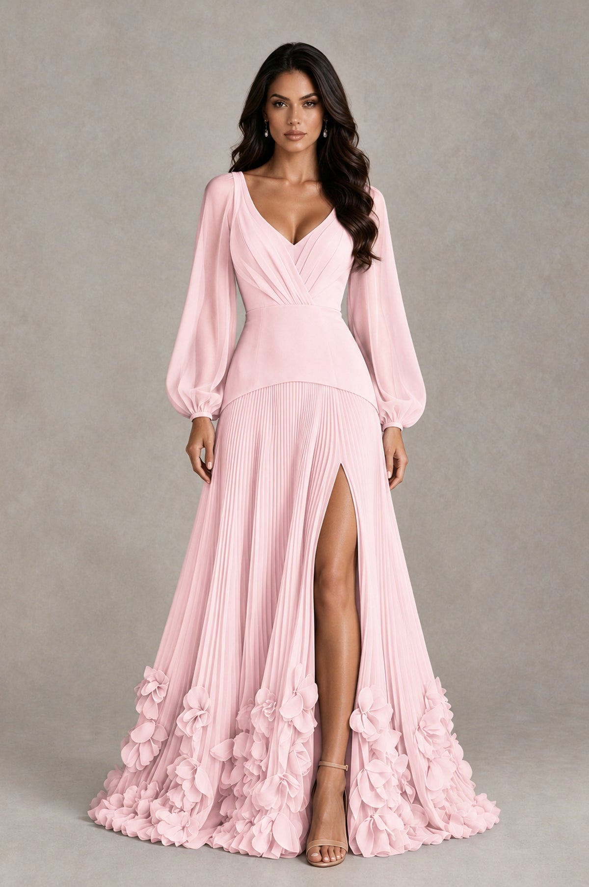 BOLODOO Blush Pink V-Neck Long Sleeve Pleated Floral Hem Evening Dress - Blush Pink - Blush Pink_1