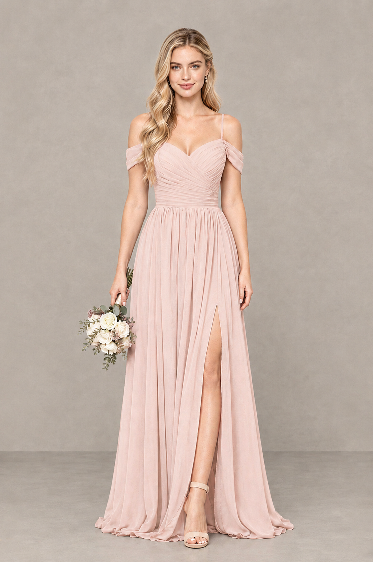 BOLODOO Blush Pink Off-Shoulder Bridesmaid Dress with Slit - Blush Pink