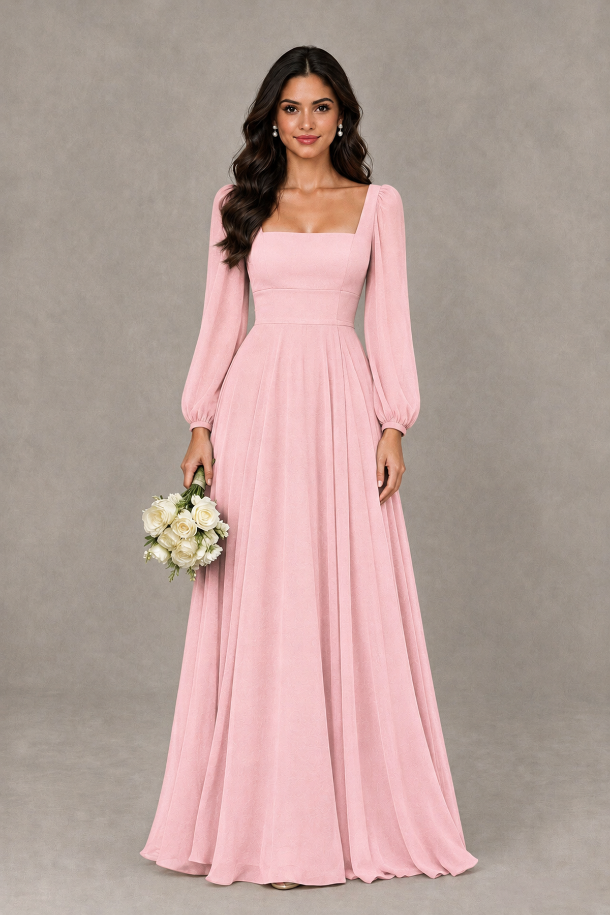 BOLODOO Blush Pink Square Neck Long Sleeve A-Line Bridesmaid Dress - Blush Pink - Blush Pink_1