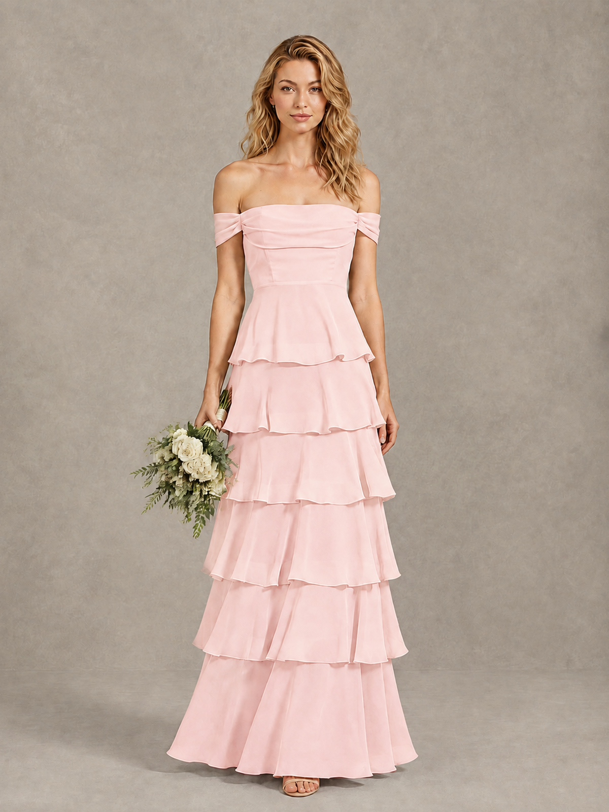 BOLODOO Blush Pink Off-Shoulder Tiered Ruffle Bridesmaid Dress with Lace-Up Back - Blush Pink - Blush Pink_1