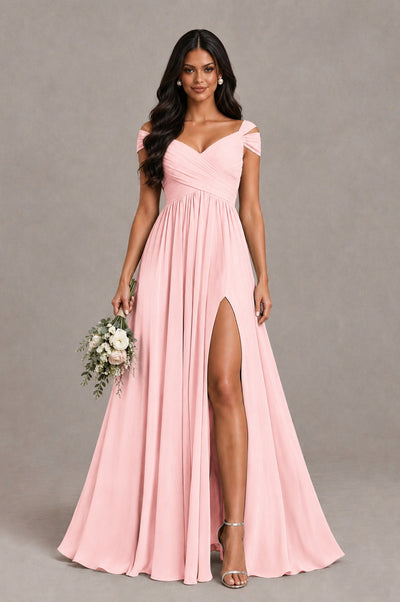 BOLODOO Blush Pink Cold Shoulder Chiffon Evening Dress with V Neck and High Slit - Blush Pink - Blush Pink_1