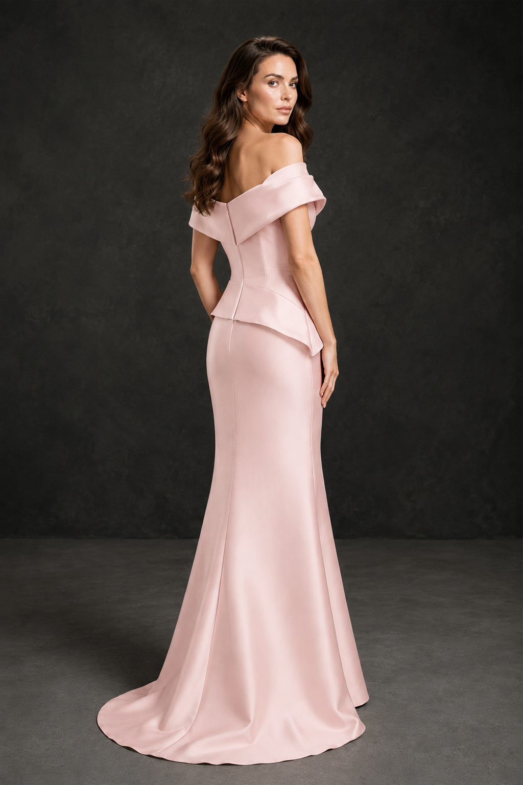 BOLODOO Blush Pink Satin Off-Shoulder Sweetheart Asymmetric Peplum Mermaid Gown with Blush Pink Floral Embroidery | MOB Evening Dress - Blush Pink