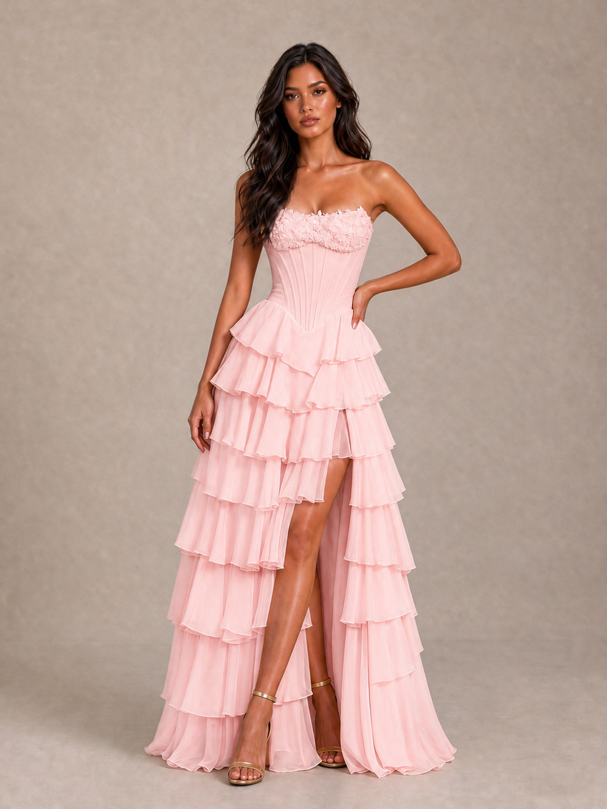 BOLODOO Blush Pink Strapless Corset Tiered Ruffle Prom Dress with High Slit - Blush Pink - Blush Pink_1