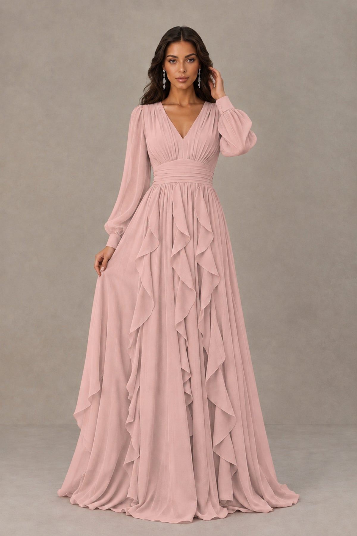 BOLODOO Blush Pink Long Sleeve V-Neck Ruffle Maxi Dress - Blush Pink