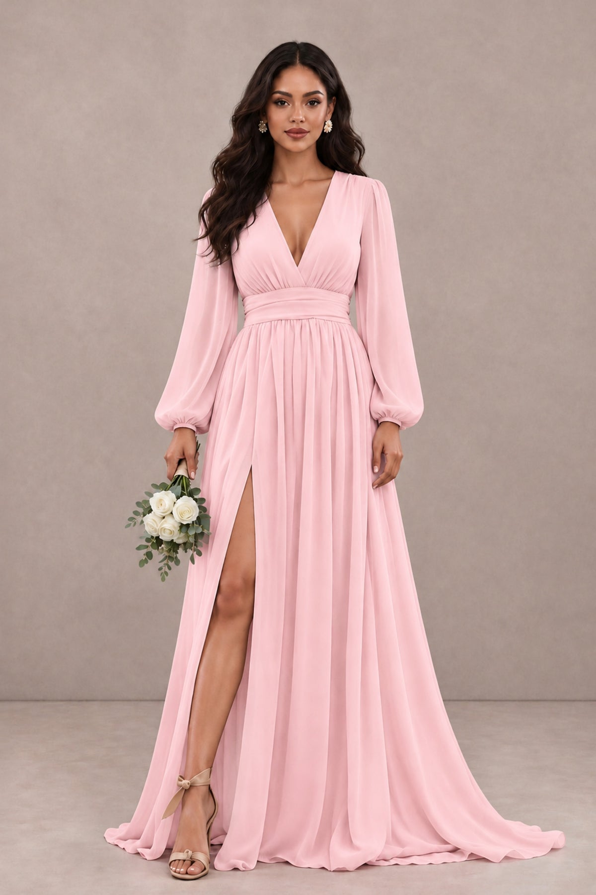 BOLODOO Blush Pink Long Sleeve V-Neck A-Line Gown with Open Back & Slit - Blush Pink - Blush Pink_1