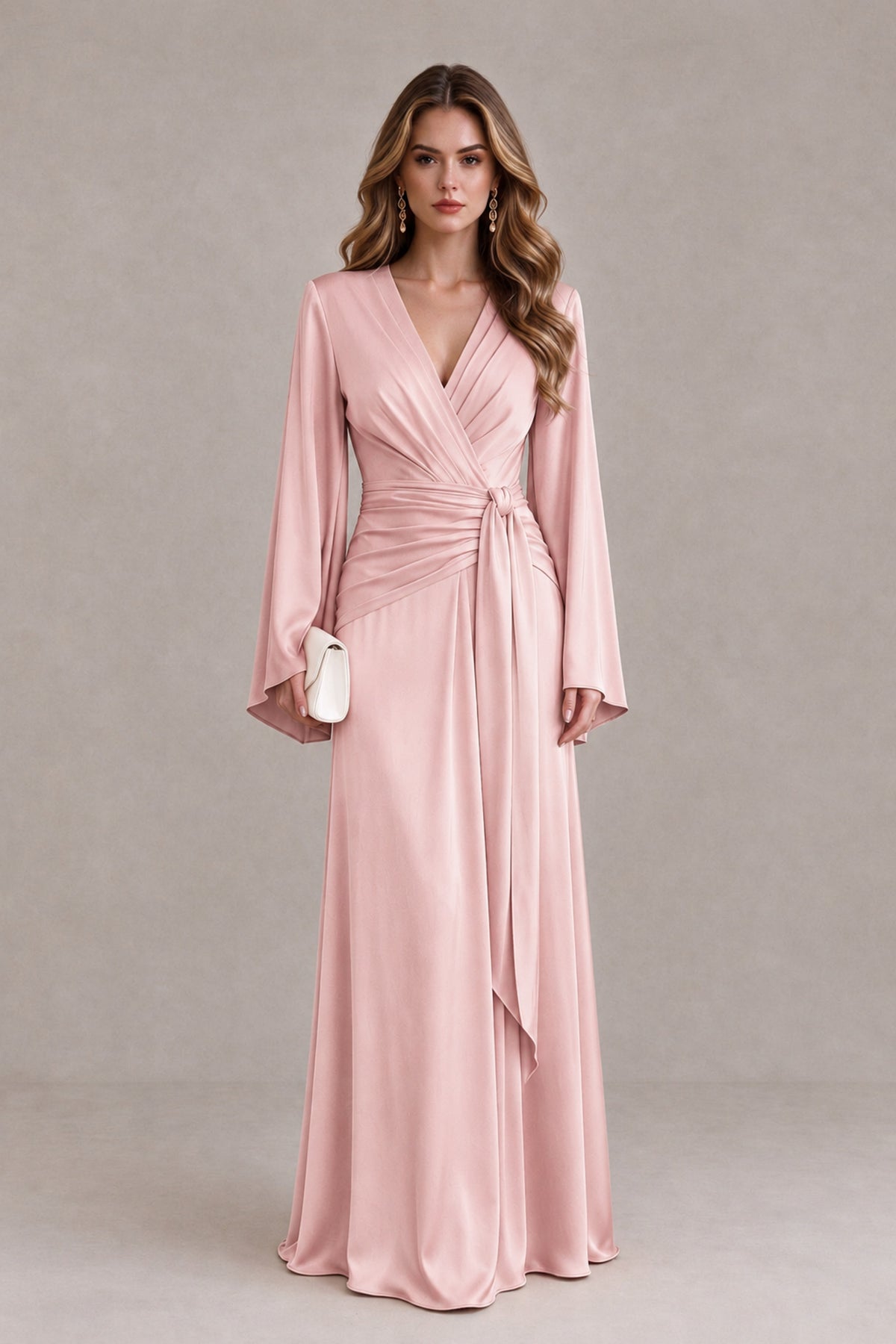 BOLODOO Blush Pink Yellow Satin-Look V-Neck Long Bell Sleeve Evening Dress - Blush Pink - Blush_Pink_1