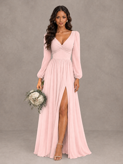 BOLODOO Blush Pink V-Neck Long Sleeve Bridesmaid Dress with Tie Back and Slit - Blush Pink - Blush Pink_1