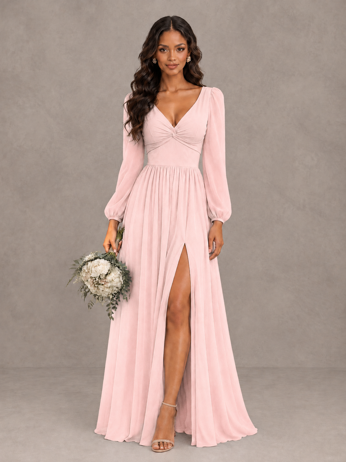 BOLODOO Blush Pink V-Neck Long Sleeve Bridesmaid Dress with Tie Back and Slit - Blush Pink - Blush Pink_1
