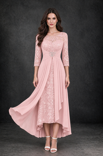 BOLODOO Blush Pink Sequin Lace & Chiffon Tea-Length Mother of the Bride Dress with 3/4 Sleeves - Blush Pink - Blush_Pink_1