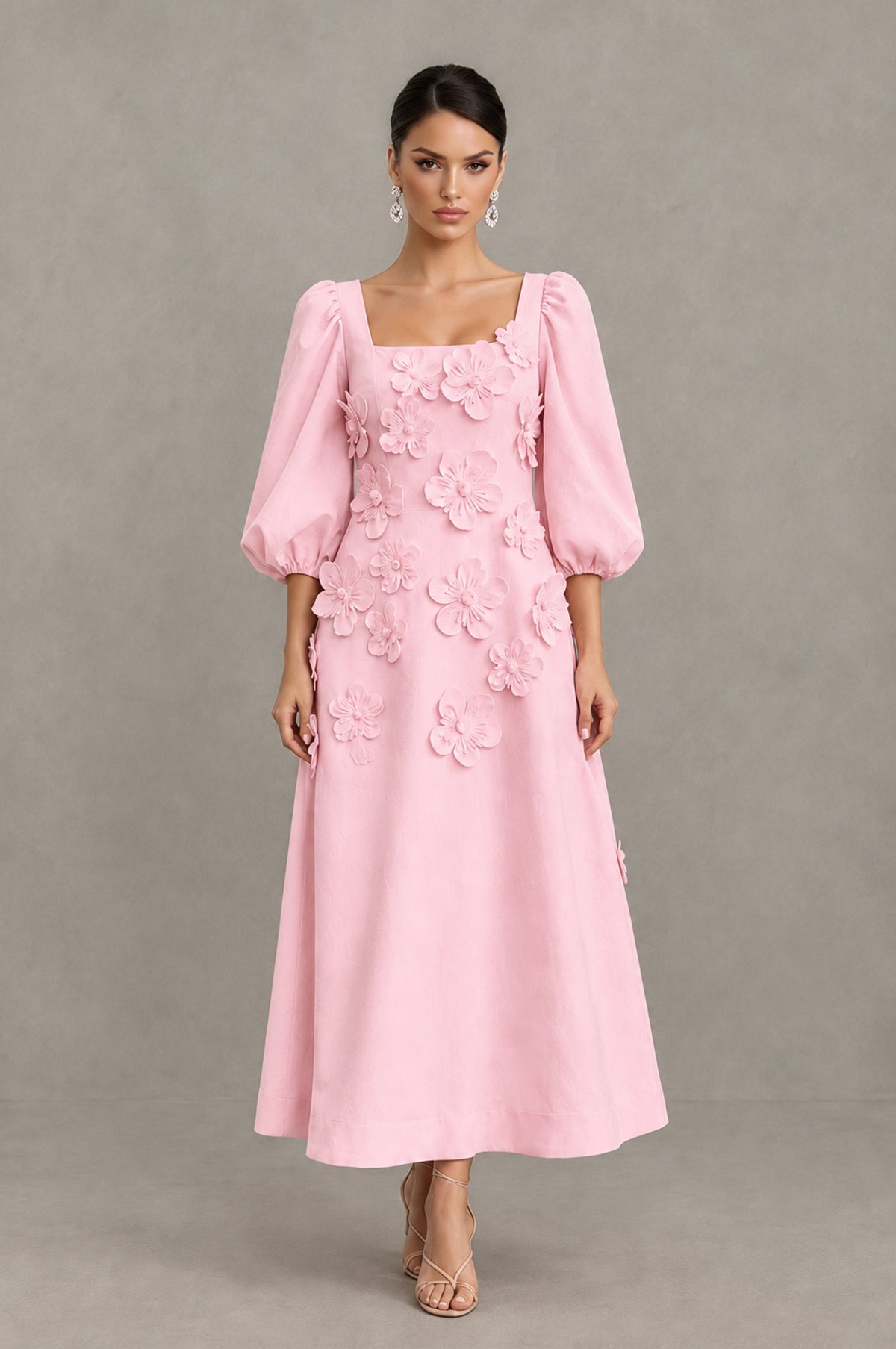 BOLODOO Blush Pink 3D Floral Puff Sleeve Midi Cocktail Dress - Blush Pink - Blush Pink_1