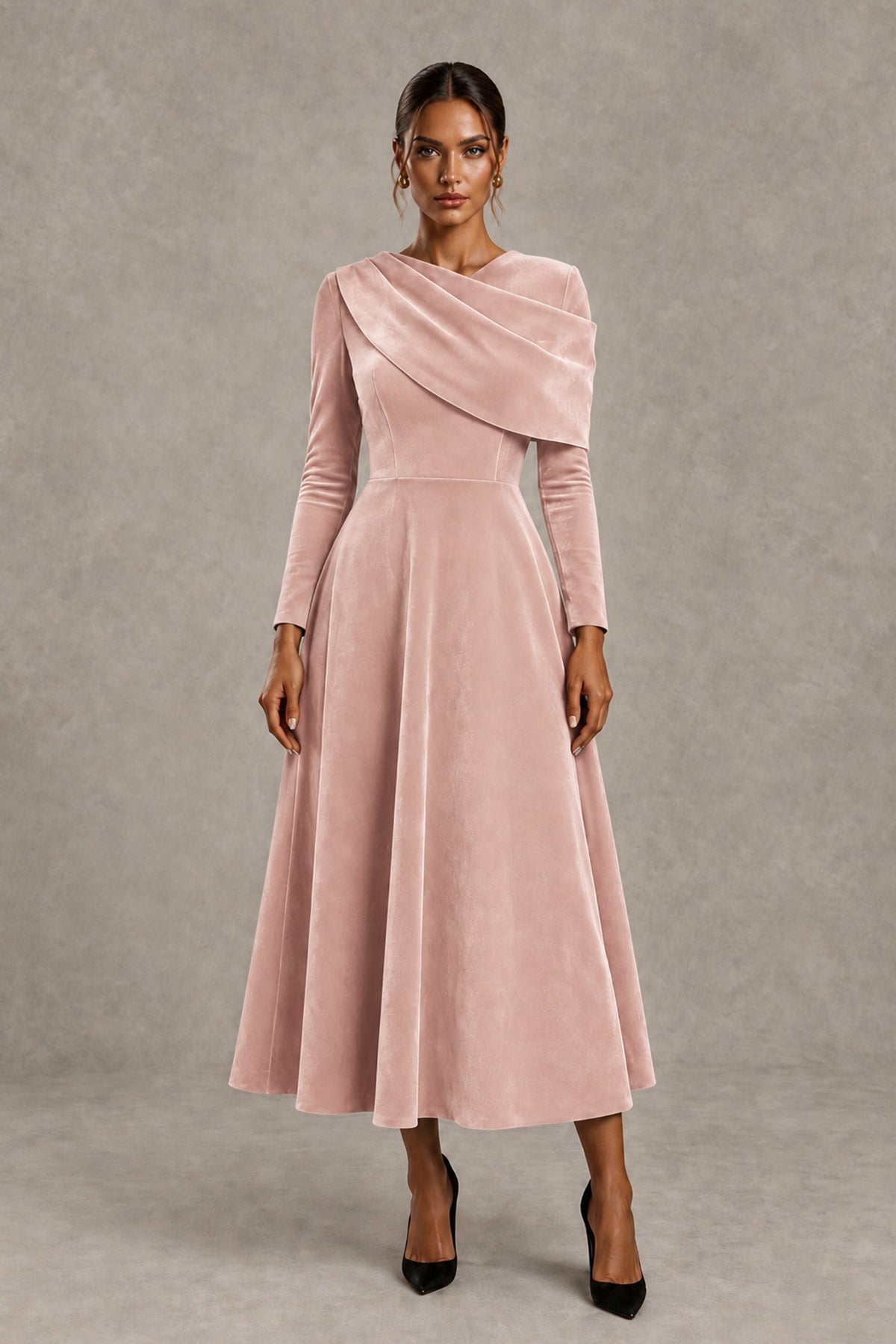 BOLODOO Blush Pink Velvet-Look Long Sleeve Tea-Length A-Line Dress with Draped Neckline - Blush Pink - Blush Pink_1