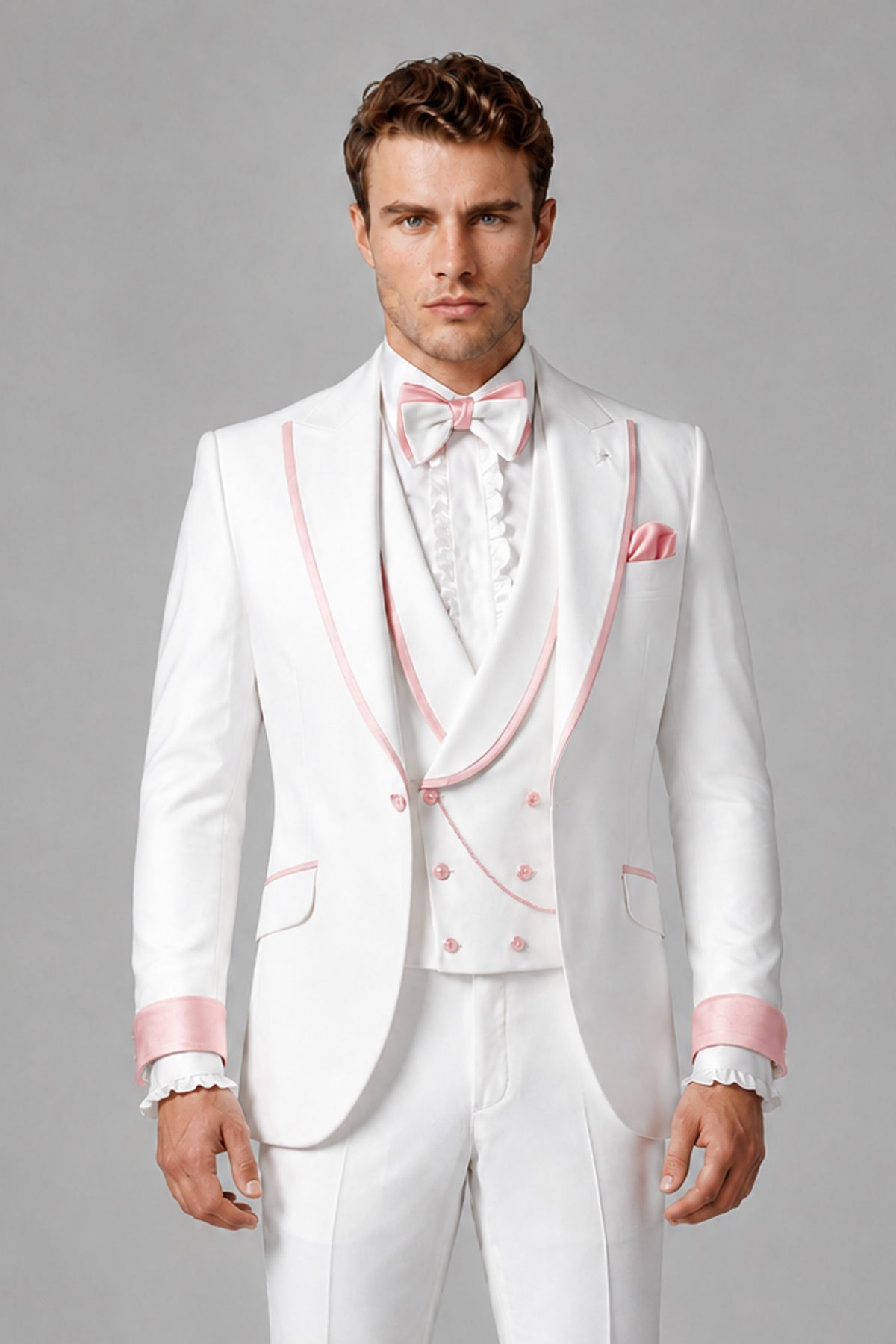 Bolodoo Men's White and Blush Pink Three-Piece Wedding Tuxedo Suit - Blush Pink - Blush Pink_1