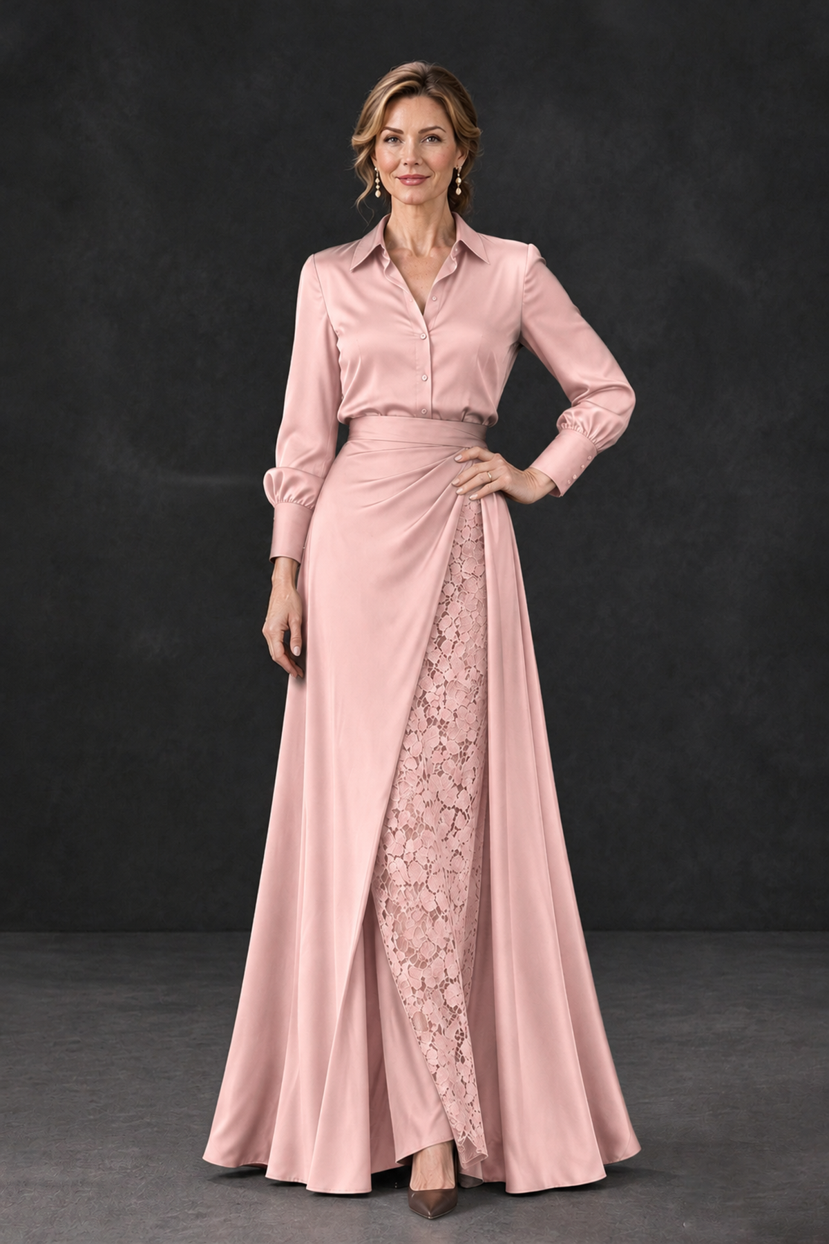 BOLODOO Blush Pink Long Sleeve Satin-Look Lace Panel Gown - Blush Pink - Blush Pink_1