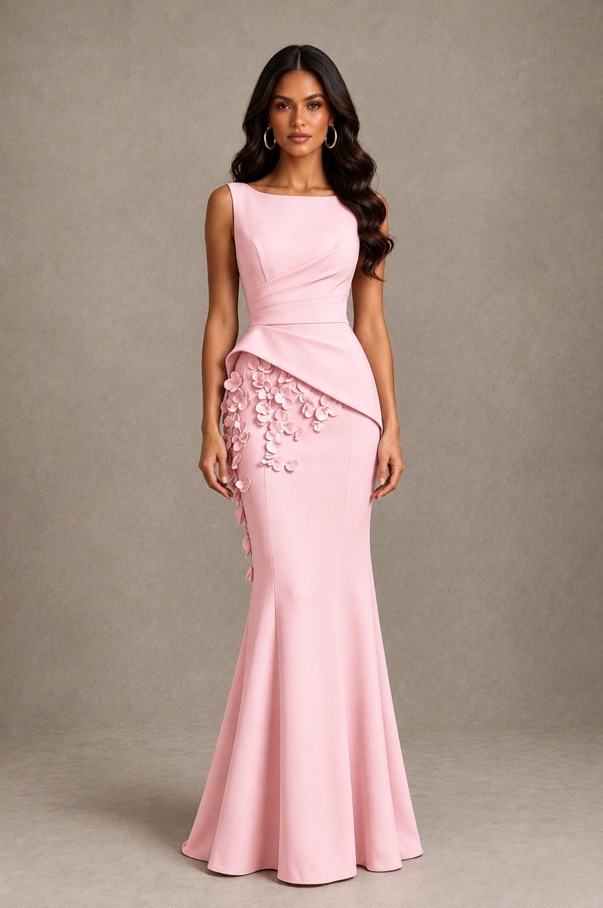 BOLODOO Blush Pink Bateau Neck Sleeveless Asymmetric Peplum 3D Petal Appliqué Mermaid Gown BD0421 - Blush Pink - Blush Pink_1
