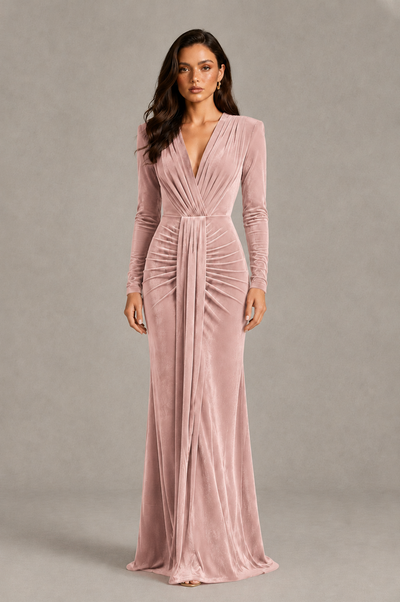 BOLODOO Blush Pink Velvet Long Sleeve V-Neck Ruched Evening Gown - Blush Pink