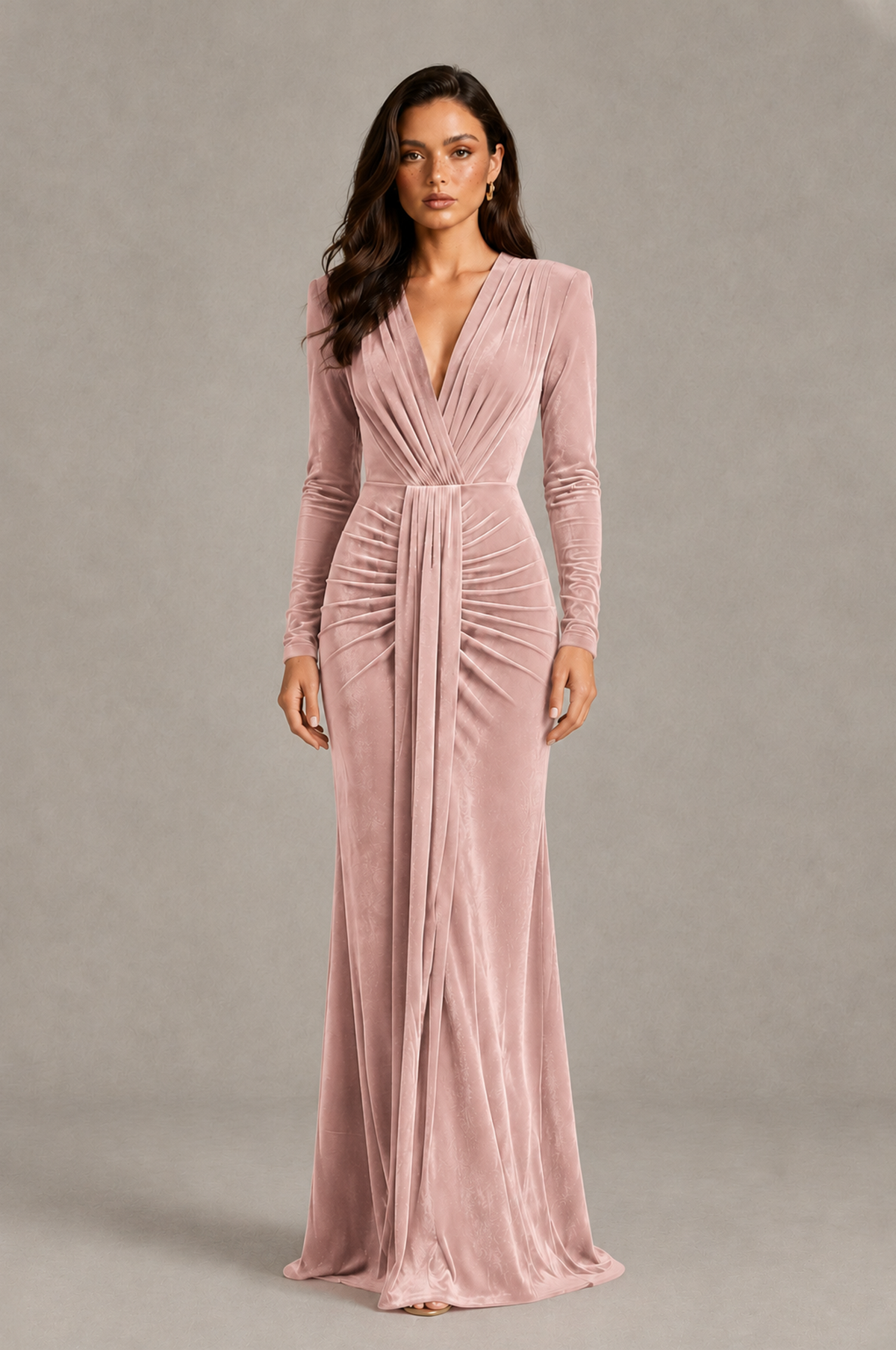 BOLODOO Blush Pink Velvet Long Sleeve V-Neck Ruched Evening Gown - Blush Pink