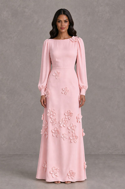 BOLODOO Blush Pink Long Sleeve Floral Applique A-Line Evening Dress - Blush Pink - Blush Pink_1