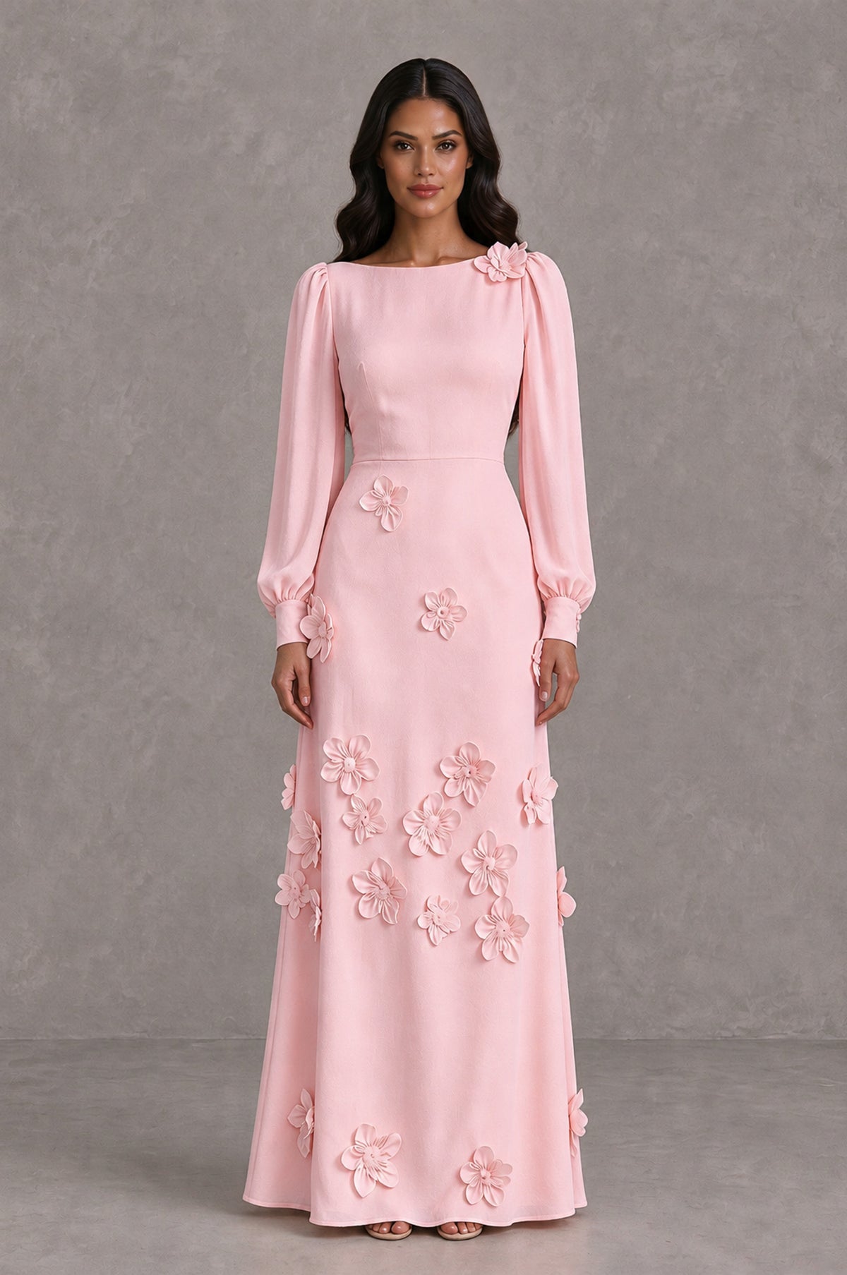 BOLODOO Blush Pink Long Sleeve Floral Applique A-Line Evening Dress - Blush Pink - Blush Pink_1
