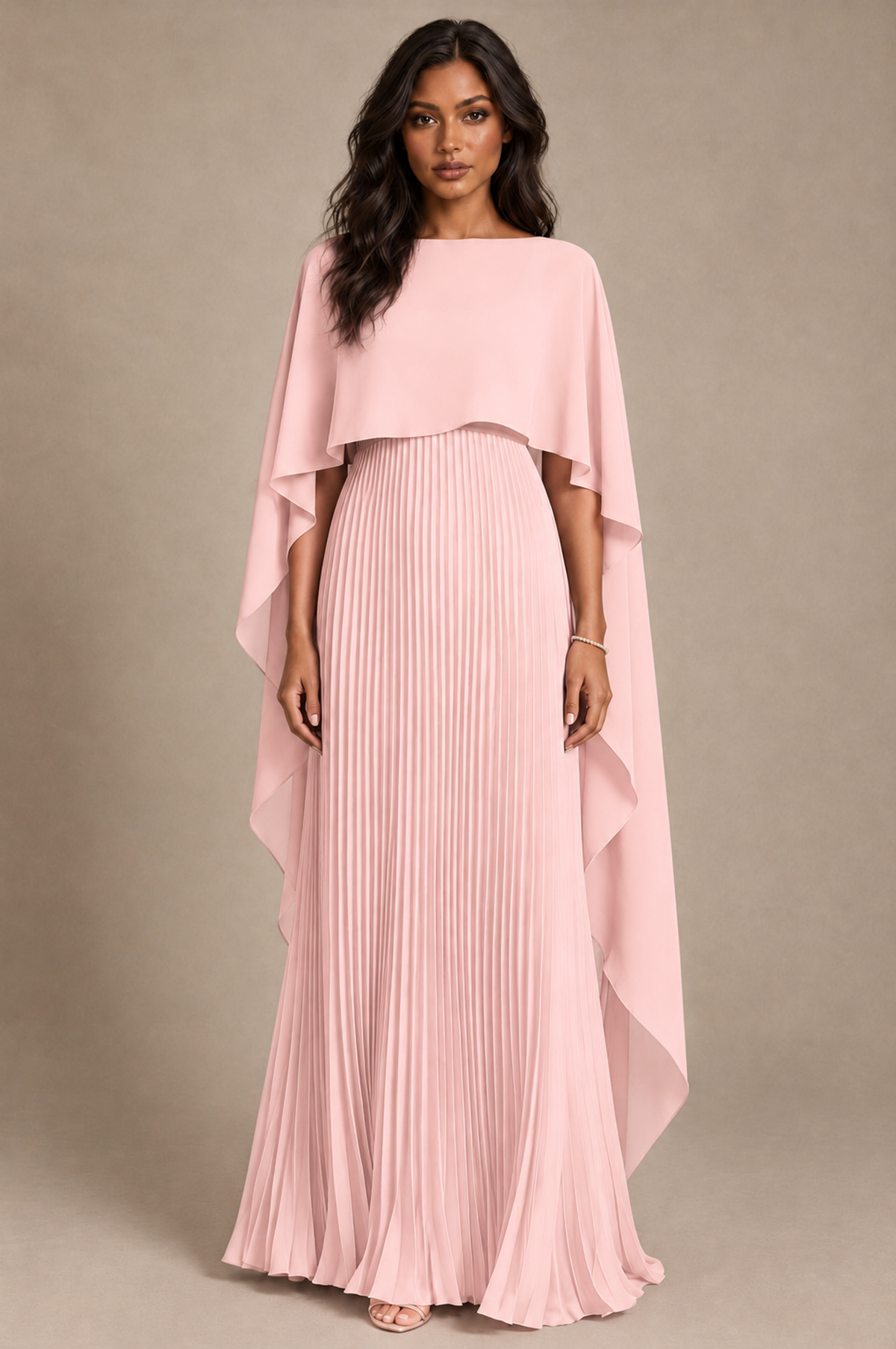 BOLODOO Blush Pink Pleated Cape A-Line Evening Dress - Blush Pink - Blush_Pink_1