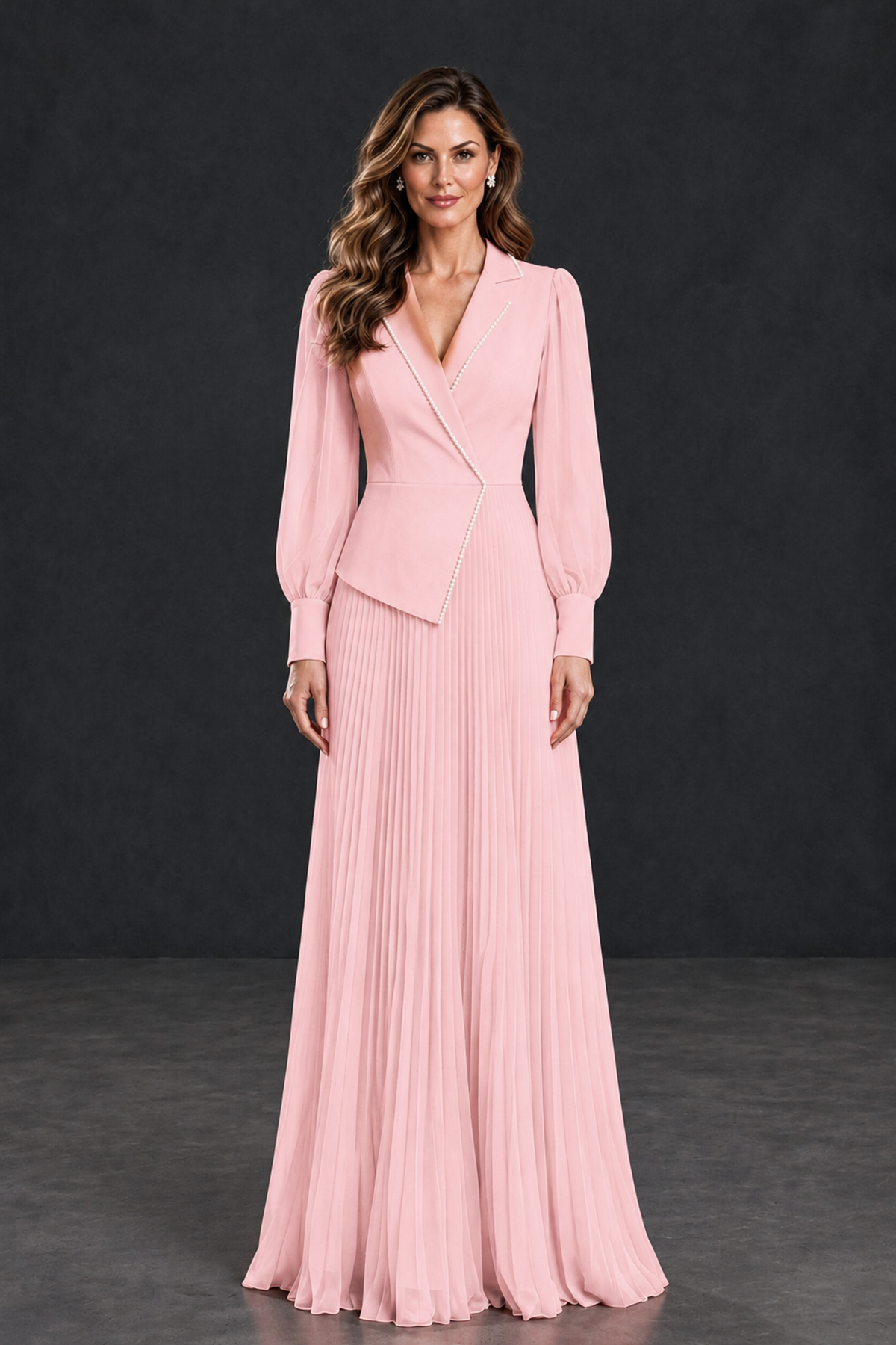 BOLODOO Blush Pink Long Sleeve Pleated Mother of the Bride Dress - Blush Pink - Blush Pink_1