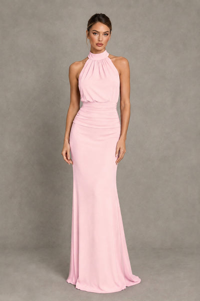 BOLODOO Blush Pink Chiffon Halter Maxi Formal Wedding Guest Dress - Blush Pink - Blush Pink_1