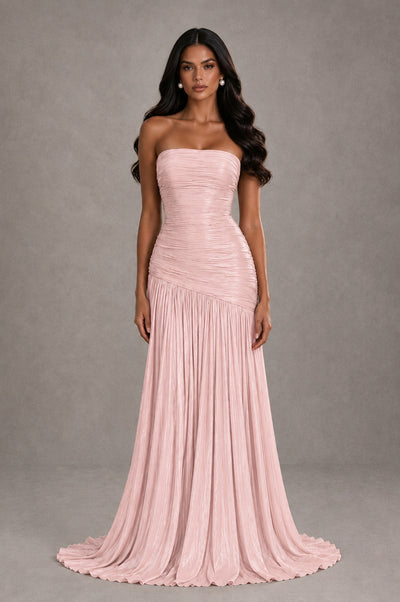 BOLODOO Blush Pink Metallic Ruched Strapless Pleated A-Line Backless Maxi Dress with Train - Blush Pink - Blush Pink_1