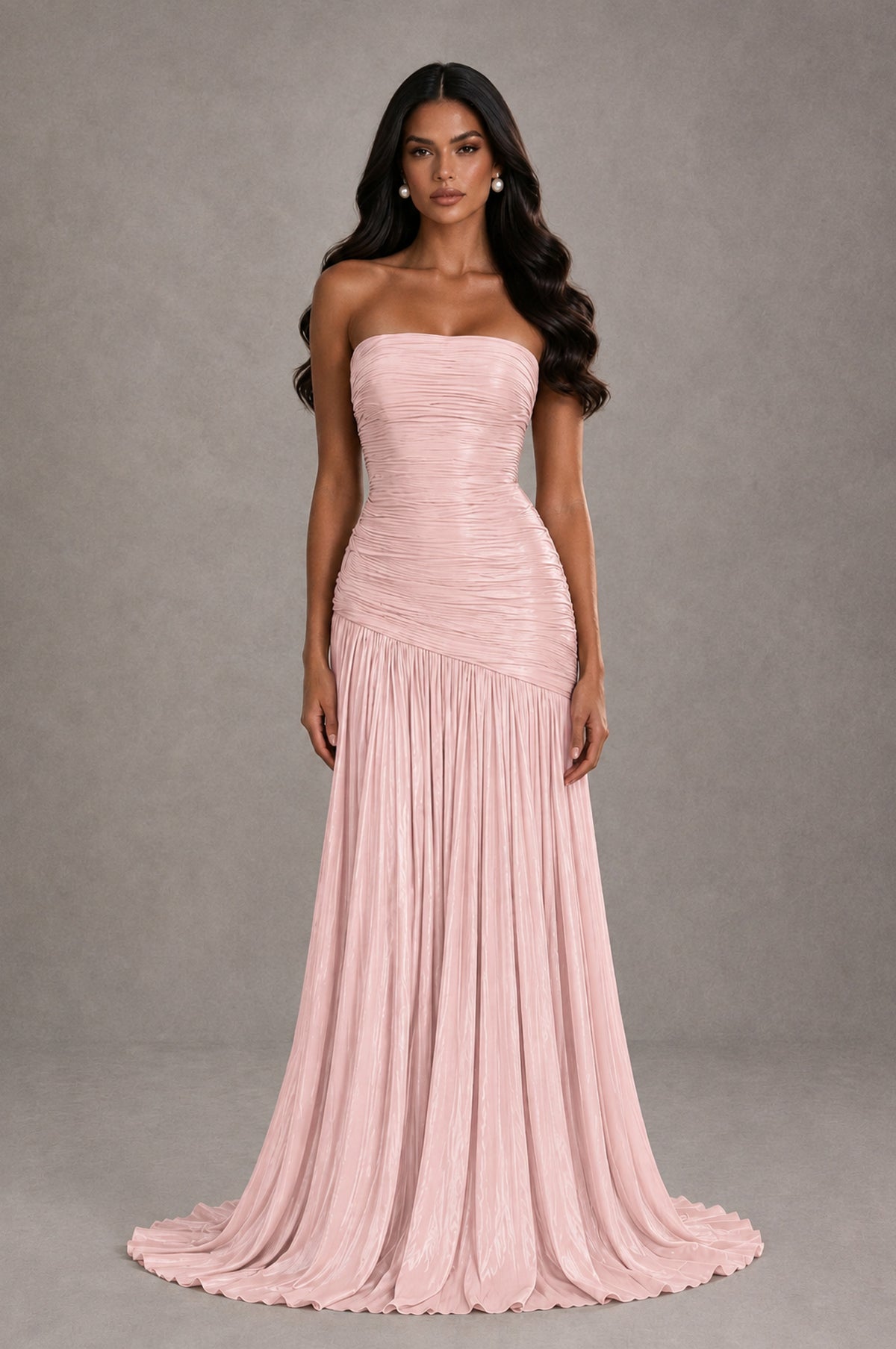 BOLODOO Blush Pink Metallic Ruched Strapless Pleated A-Line Backless Maxi Dress with Train - Blush Pink - Blush Pink_1