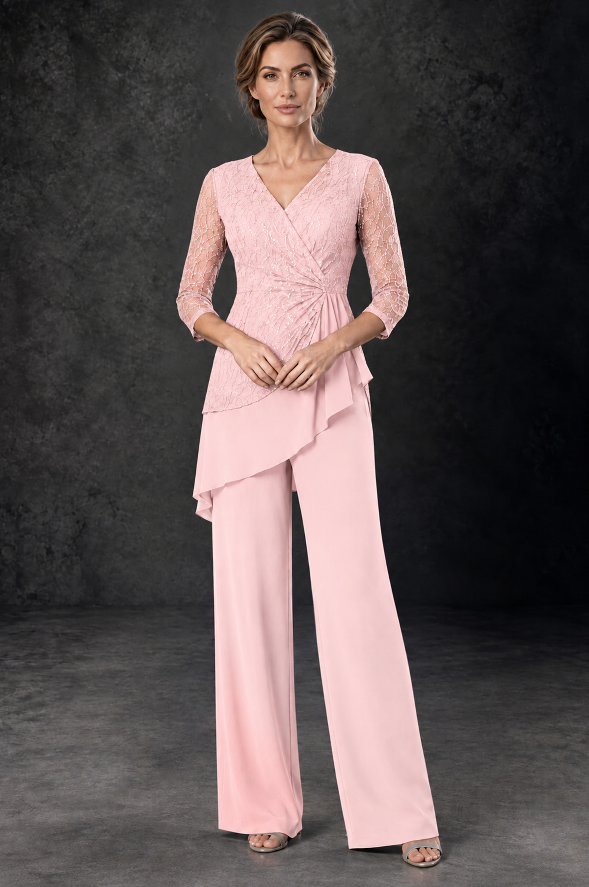 BOLODOO Blush Pink Sequin Lace 3/4 Sleeve Chiffon Mother of the Bride Pant Suit - Blush Pink - Blush_Pink_1