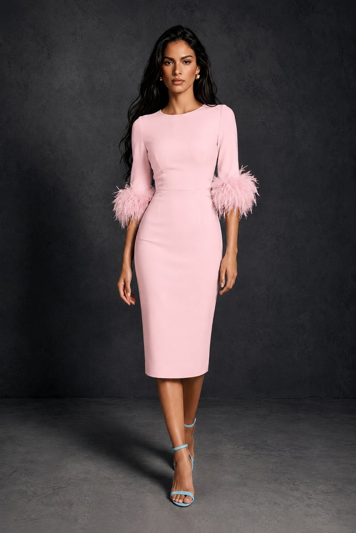 BOLODOO Blush Pink Ostrich Feather Cuff 3/4 Sleeve Round Neck Bodycon Midi Dress with Back Slit - Blush Pink
