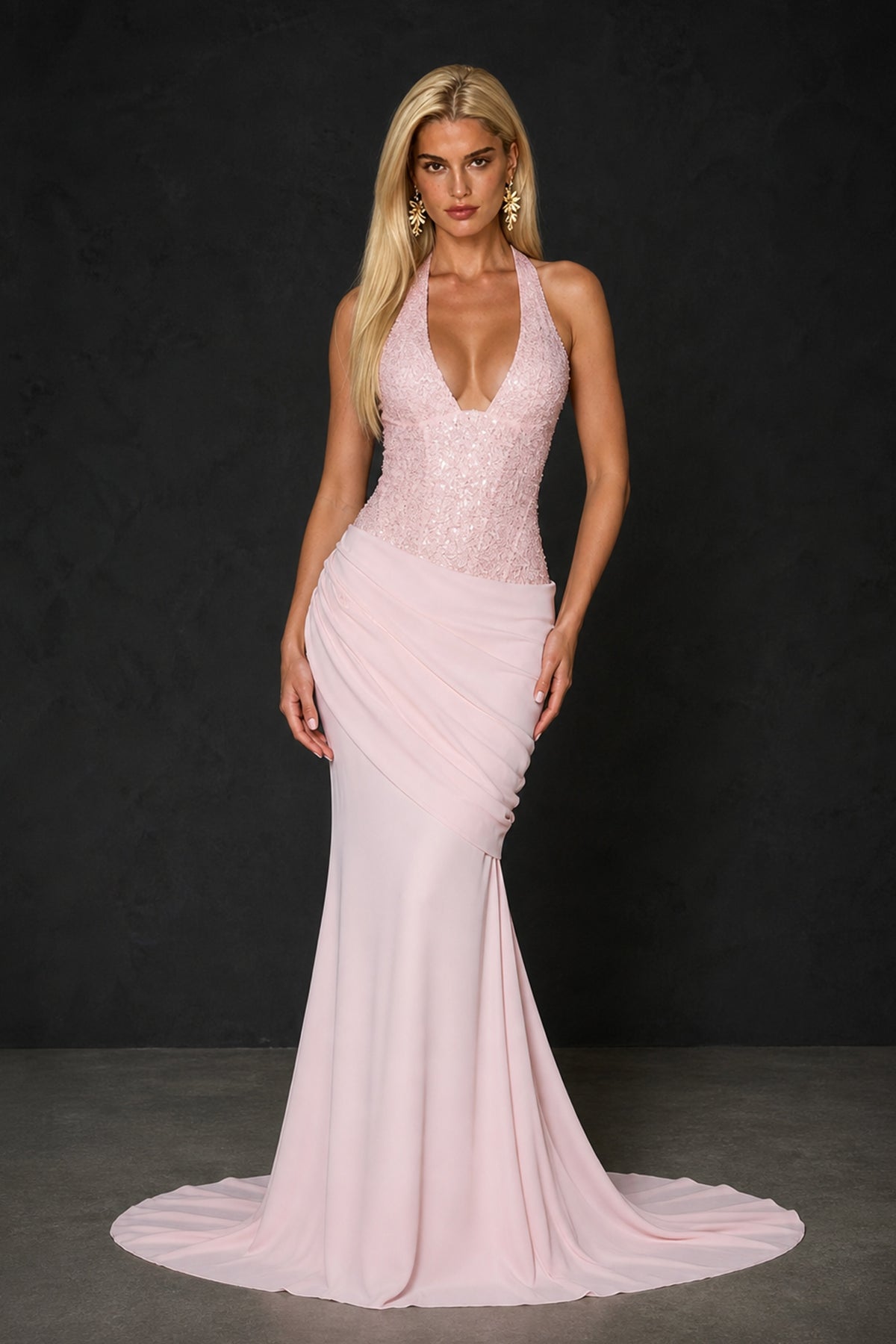 BOLODOO Blush Pink Halter Mermaid Gown – Deep V Open Back Sequin Formal Evening Dress with Train - Blush Pink