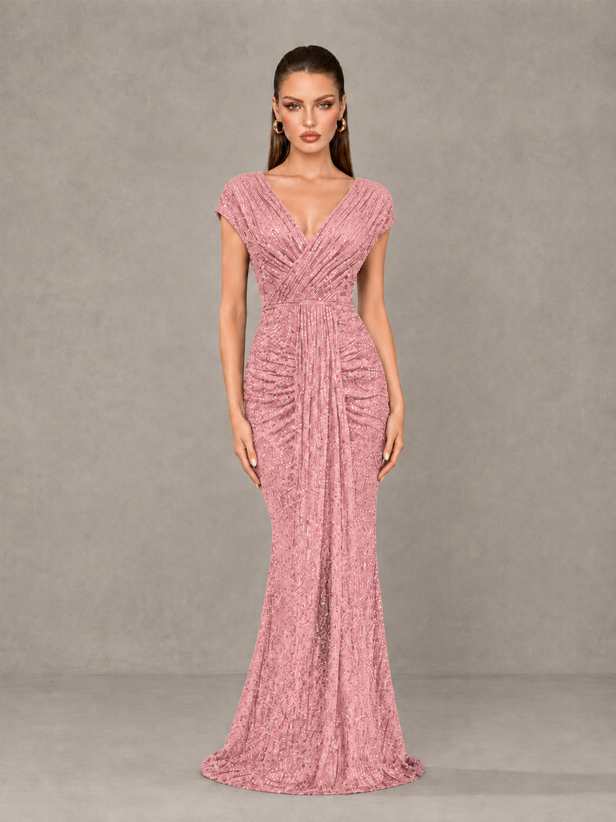 BOLODOO Blush Pink Glitter V-Neck Cap Sleeve Ruched Mermaid Evening Gown - Blush Pink - Blush Pink_1
