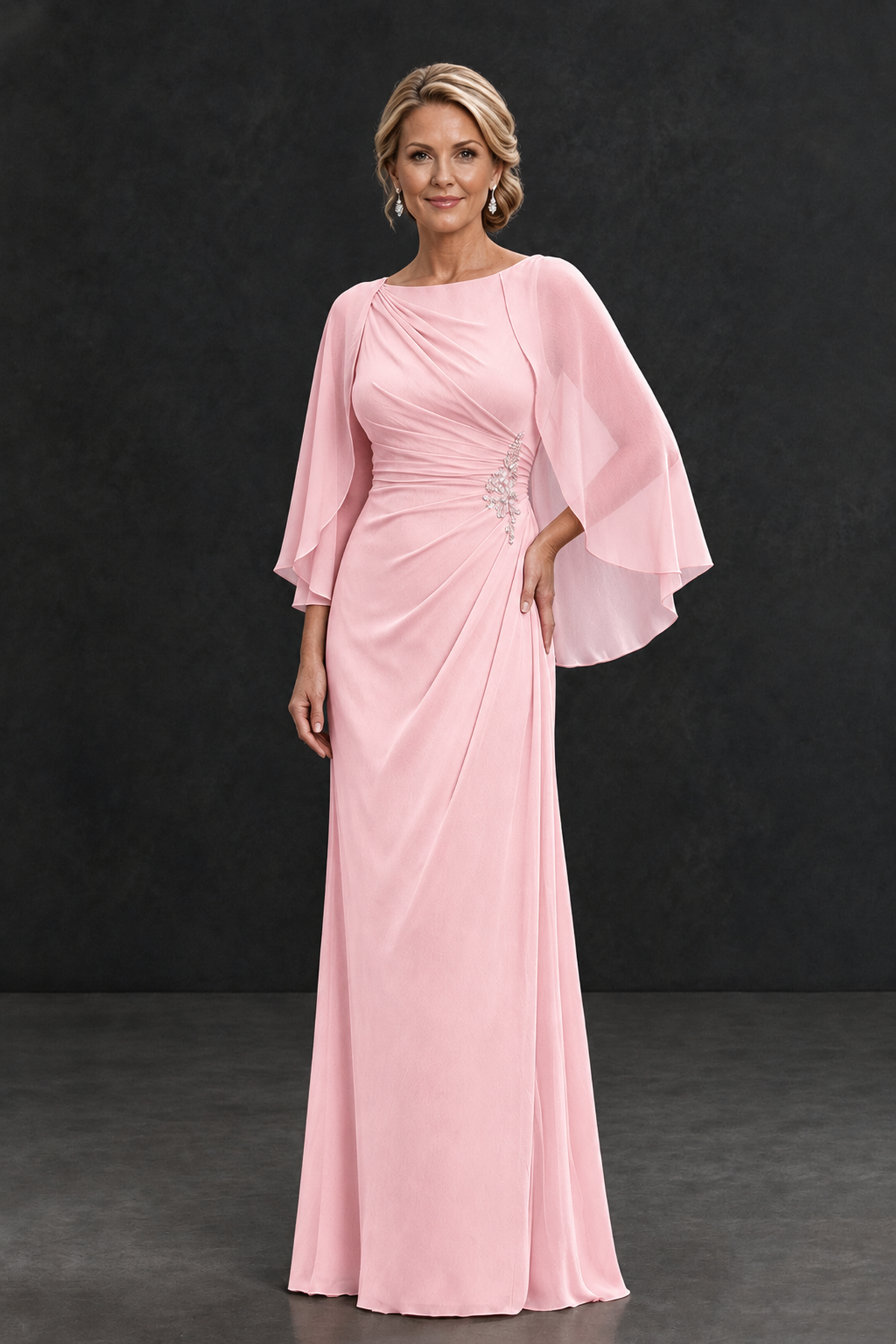 BOLODOO Blush Pink Cape Sleeve Mother of the Bride Dress with Ruched Waist - Blush Pink - Blush Pink_1